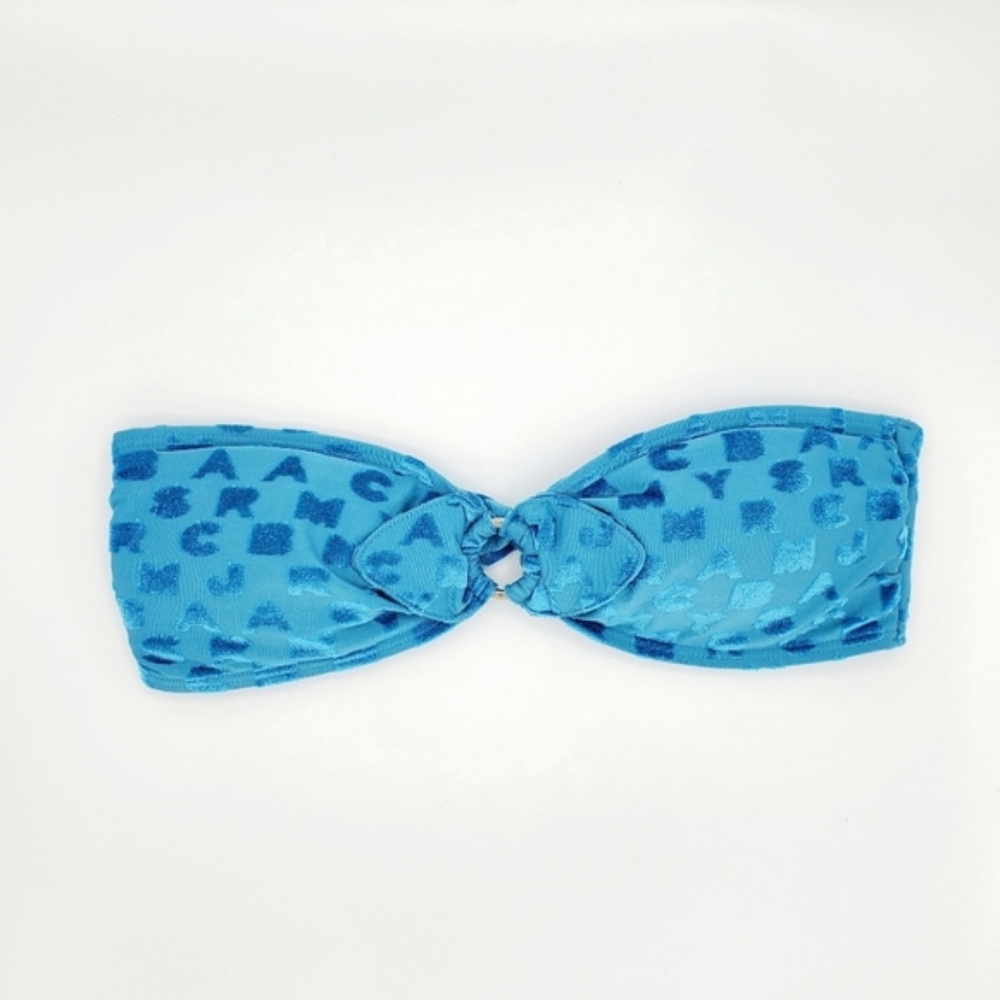 Marc by Marc Jacobs Y2K Blue Flocked Velvet Logo Mania Bandeau Bikini Top 2000s